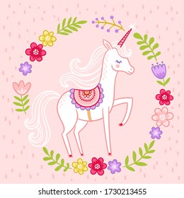 Greeting vector card with miles unicorn in cartoon with til on a pink background. Beautiful mythical animal in a floral frame.