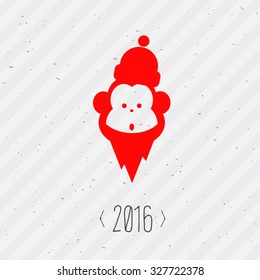 Greeting vector card. Monkey in Santa hat with a beard. Symbol of the New Year 2016. Merry Christmas and Happy New Year design. Background with a diagonal line pattern and blots of ink