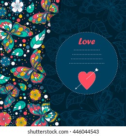  greeting vector card . on decorated background. butterfly and flower  .  pattern, brochure, gift certificate, party invitation, congratulation