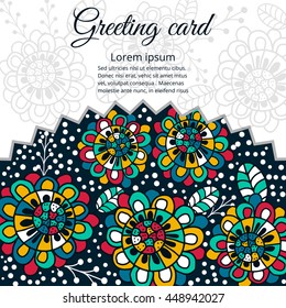 greeting vector card on decorated background  flower . pattern, brochure, gift certificate, party invitation, congratulation