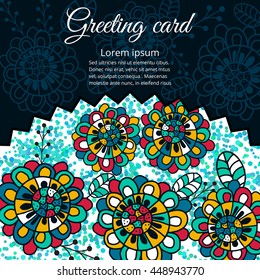 greeting vector card on decorated background  flower . pattern, brochure, gift certificate, party invitation, congratulation