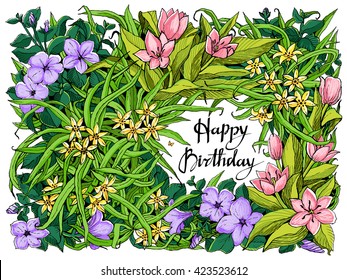 Greeting vector card with tulips and petunia.