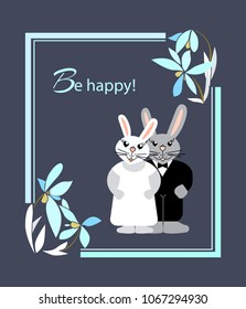 Greeting vector card with two rabbits. Wedding theme.