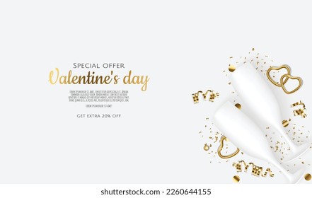 Greeting vector card for Valentine's Day with heart, gift, champagne glasses, confetti, sweets.