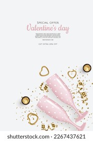 Grußkarte für den Valentinstag mit Herz, Geschenk, Champagnerbrille, Konfetti, Süßigkeiten.