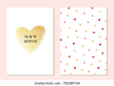 Greeting vector card for Valentine's Day. Gold brush paint heart with text. Pattern with little red and gold hearts. Yo are my golden fish lettering. Romantic vector  February 14 illustration.
