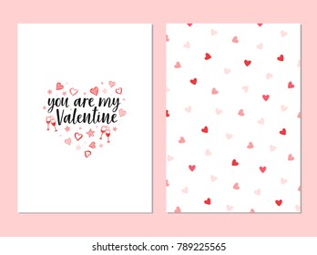 Greeting vector card for Valentine's Day. You are my Valentine lettering with red little hearts. Pattern with hearts on white. Romantic February 14 illustrations.