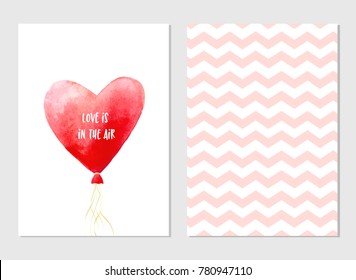 Greeting vector cards for Valentine's Day. Watercolor red heart with text. Red balloon and geometric pattern. Romantic vector illustration. Love is in the air. Vector Design for Valentine's Day. 