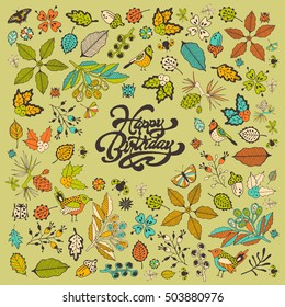 Greeting vector forest card. Hand drawing.