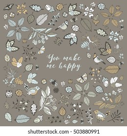 Greeting vector forest card. Hand drawing.