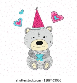 Greeting vector illustration with cartoon cute teddy bear with a gift and hearts.