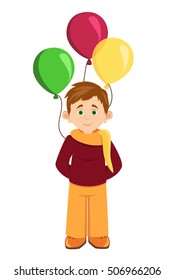 greeting vector illustration with child. Vector illustration of a flat design. Boy holding colorful balloons - isolated over a white background