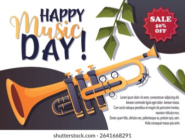 Greeting vector illustration for music day with a trumpet and sale tag. Great for flyers, banners and music-themed campaigns.
