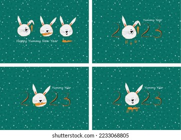 greeting vector inscription happy yummy new year 2023 with humor with a funny bunny with a bitten carrot