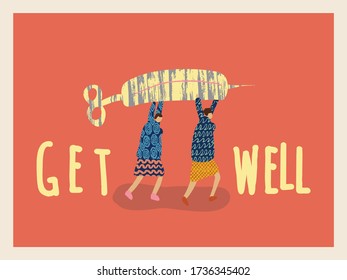 Gruß Vector Postcard mit positiven Ärzten. Poster mit Cartoon Men und Positive Phrase zu stoppen COVID 19. Hol dir gut Karten. Medizinische Illustration zur Wiederherstellung von Coronavirus. Retro Health Care Banner.