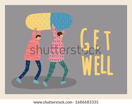 Greeting Vector Postcard with Positive Doctors. Poster with Cartoon Men and Positive Phrase to Stop COVID 19. Medical Illustration for Coronavirus Recovery. Retro Health Care Banner. Get Well Card.