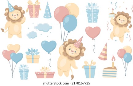 Greeting vector set. Little lion cub celebrating birthday, flying on balloons, jumping with cake in hand. Gifts, balloons, clouds