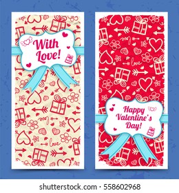 Greeting vertical banners with ribbon bow sticker on crumpled paper sketch icons background isolated vector illustration