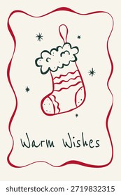 Greeting vertical card with hand drawn Christmas sock in sketch ink style and typography Warm Wishes. Flat vector illustration. Ideal for background, poster, cover, label, invitation
