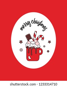 Greeting vertical card in oval on red background.