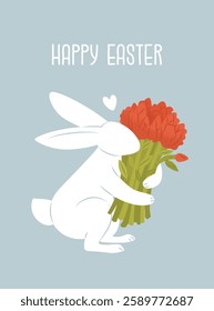 Greeting vertical postcard with a wish for a happy Easter. Adorable bunny in a shirt with a bouquet of tulips. Cute child character congratulates on the Christian holiday. Vector cartoon illustration.