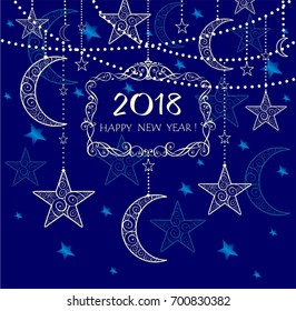 Greeting vintage blue card with hanging decoration for 2018 New Year