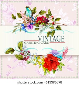 Greeting vintage card with flowers. Roses, wild flower, cornflower, poppy, lily of the valley and nightingale. This template can be used as other type of invitations and holidays. Vector - stock