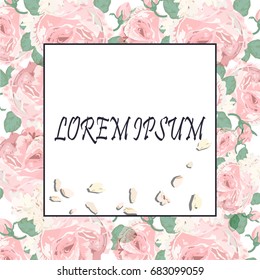 Greeting vintage card with flowers. Roses, wild flower, cornflower, poppy, lily of the valley, lily and nightingale. This template can be used as other type of invitations and holidays.