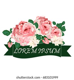 Greeting vintage card with flowers. Roses, wild flower, cornflower, poppy, lily of the valley, lily and nightingale. This template can be used as other type of invitations and holidays.