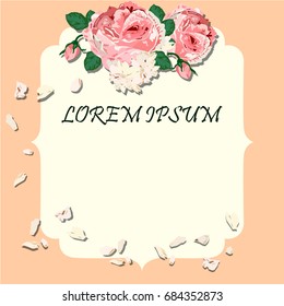 Greeting vintage card with flowers. Roses, wild flower, cornflower, poppy, lily of the valley, lily and nightingale. This template can be used as other type of invitations and holidays.