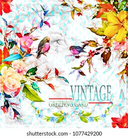 Greeting vintage card with flowers. Wild rosemary with snowberry, peony, leaves and birds. This template can be used in different invitations and holidays. Vector - stock.