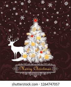 Greeting vintage Christmas card with paper cut out snowflakes, reindeer and Xmas tree with golden ball, cookie and cone