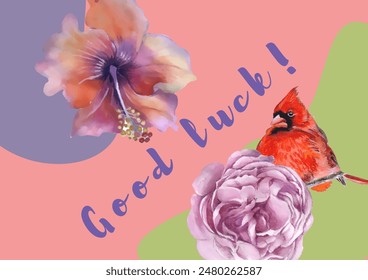 Greeting vintage postcard. Flowers and cardinal birds. This template can be used as another type of invitations and holidays.
