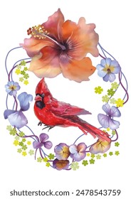 Greeting vintage postcard. Hibiscus and cardinal birds. This template can be used as another type of invitations and holidays.