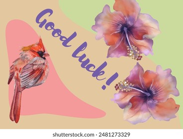 Greeting vintage postcard. Hibiscus and cardinal birds. This template can be used as another type of invitations and holidays.
