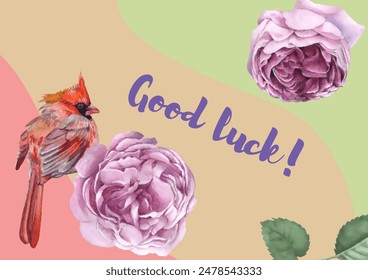 Greeting vintage postcard. Roses and cardinal birds. This template can be used as another type of invitations and holidays.