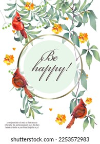 Greeting vintage postcard. Wild flowers, birds. This template can be used as another type of invitations and holidays.