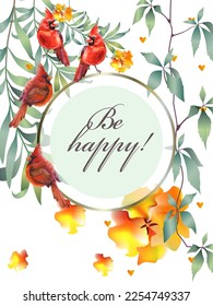 Greeting vintage postcard. Wild flowers, birds. This template can be used as another type of invitations and holidays.
