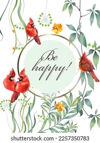 Greeting vintage postcard. Wild flowers, birds. This template can be used as another type of invitations and holidays.
