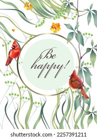 Greeting vintage postcard. Wild flowers, birds. This template can be used as another type of invitations and holidays.

