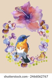 Greeting vintage postcard. Wild flowers, birds. This template can be used as another type of invitations and holidays.