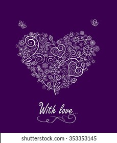 Greeting violet card with beautiful lacy bouquet
