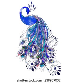 Greeting watercolor card with peacock. Frame of peacock made in vector. Perfect cards, or for any other kind of design, birthday and other holiday.Seamless hand drawn map with peacock.