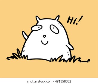 Greeting waving sweet cute funny friendly cartoon freehand teddy-bear, which says "hi!"  for conversations between friends