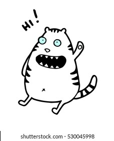 Greeting waving sweet cute funny friendly cartoon freehand tiger, which says "hi!"  for conversations between friends