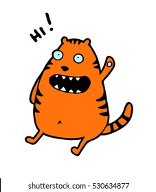 Greeting waving sweet cute funny friendly cartoon freehand tiger, which says "hi!"  for conversations between friends