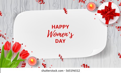 Greeting web banner for Women's Day. Top view on composition with flowers, gift box, candles and confetti. Vector illustration with serpentine on wooden texture.