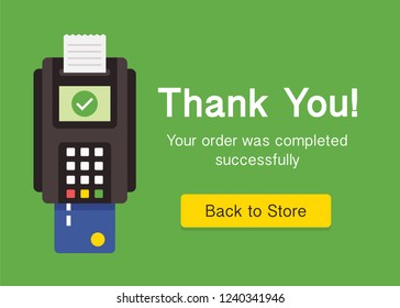 The greeting web page with the pos terminal and succesful transaction. Web pop up design. Web element. Flat design. 