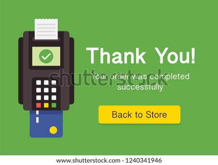 The greeting web page with the pos terminal and succesful transaction. Web pop up design. Web element. Flat design. 