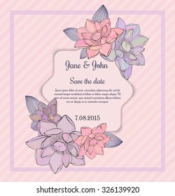 Greeting or wedding card decorated with Lotus flowers  and leaves candy colors